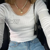 Hnewly Y2K Cute Lace Trim White Crop Top Chic Women Rib Knitted Long Sleeve T Shirt Autumn Spring